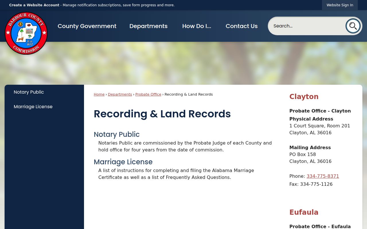 Barbour County recording office information for deed records