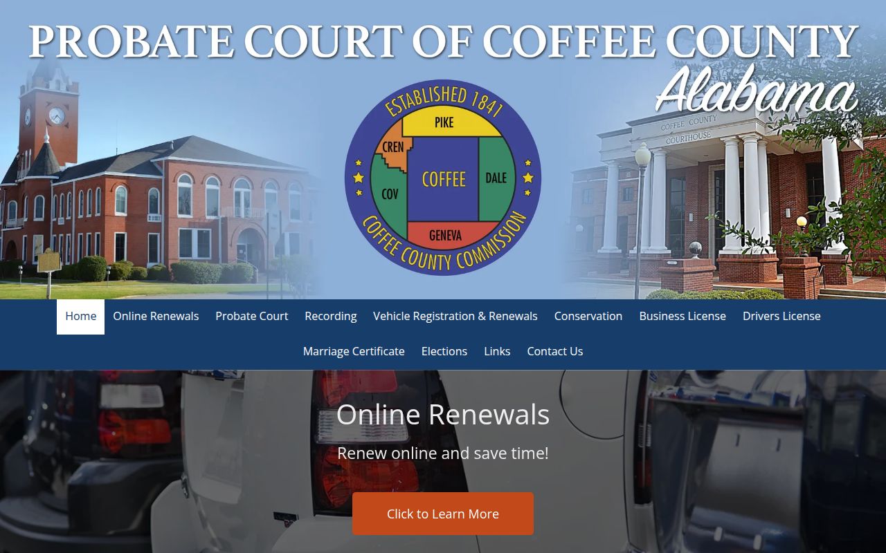Coffee County Probate Court for deed records with dual county seats